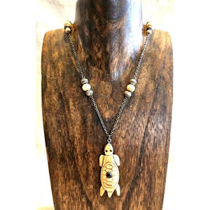 Tribal Ethnic Carved Turtle Beaded Necklace Wooden Pendant Station Jewelry